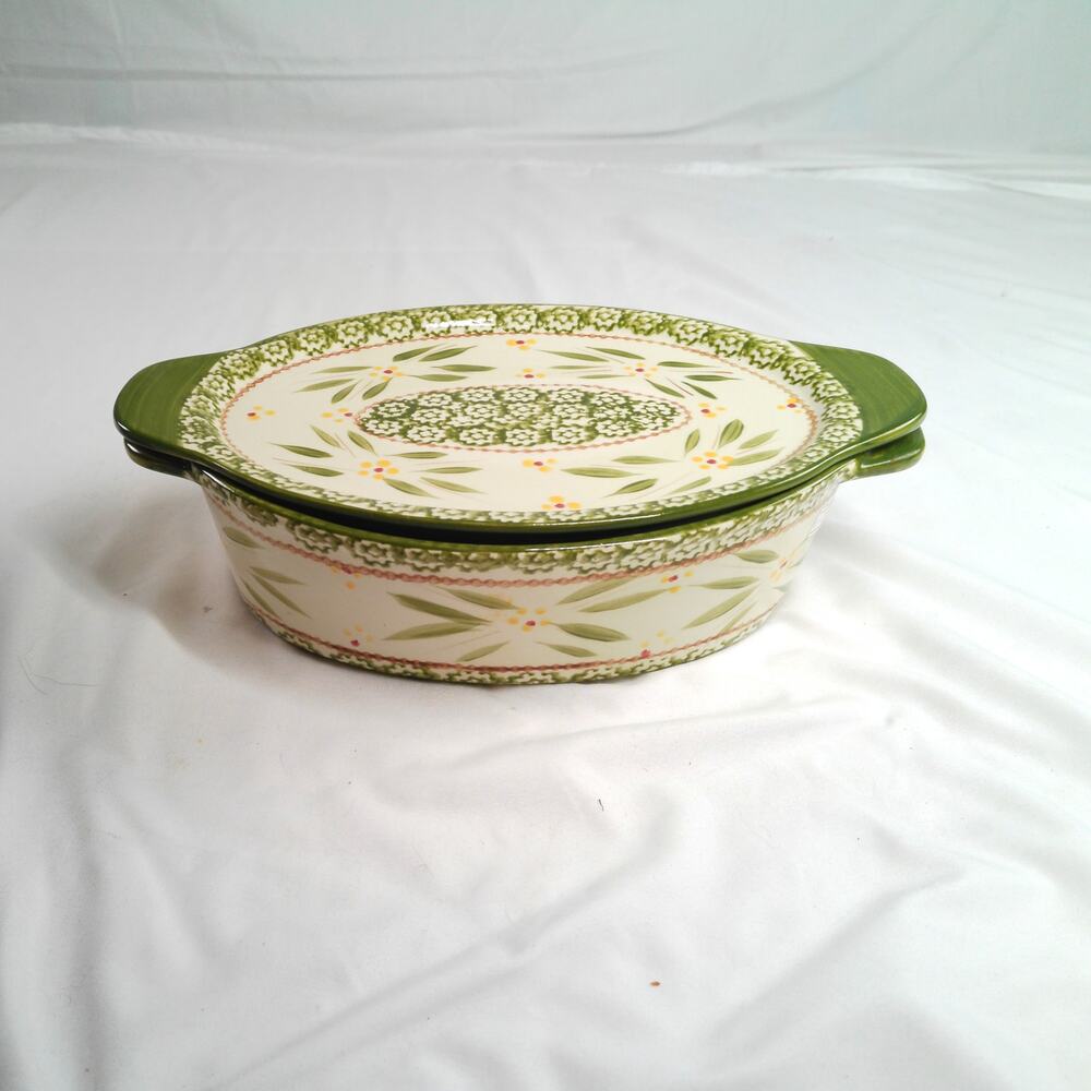 Temp-tations by Tara Old World 2 Qt Covered Oval Baker Casserole Dish Green